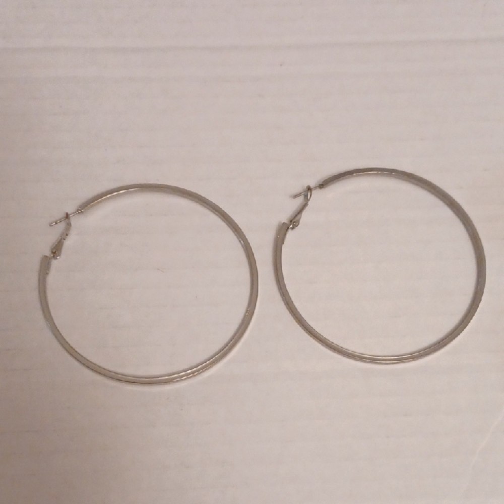 4/$40 Large Plain Silver Hoop Earrings With Hinged Backing